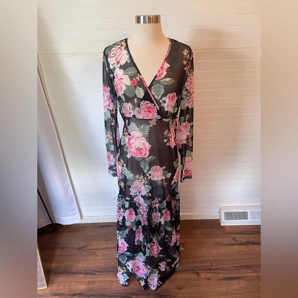 Floral Sheer Black and Pink Maxi Dress Womens Size Small Glam